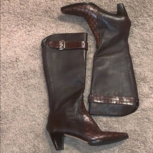 Prevata Brown Diana Leather Croc Heeled Boots
